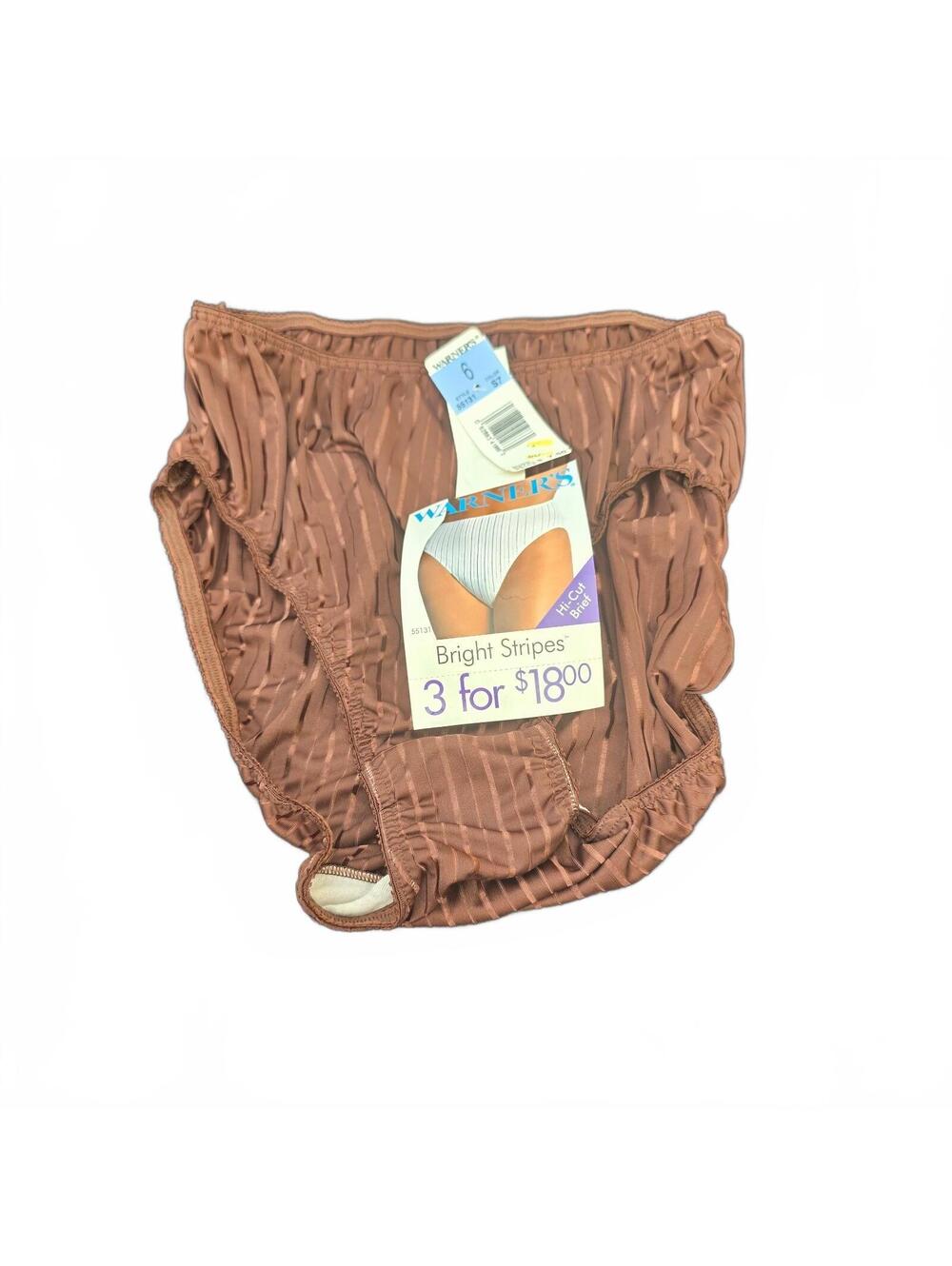 Vintage Warners Brief Bright Stripes Panties Hi Cut 55131 Shiny Satin Brown 6